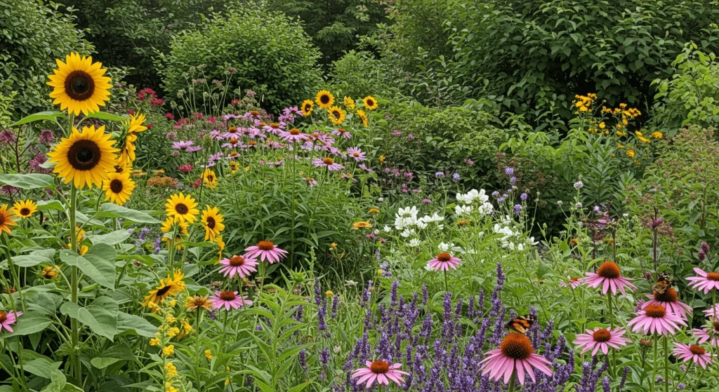 A pollinator-friendly garden filled with bees and butterflies, featuring colorful flowers like sunflowers and lavender.

