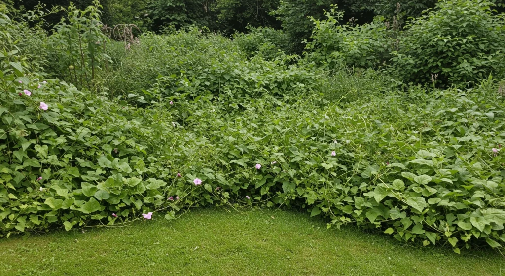 A garden showing the contrast between invasive species and healthy native plants, highlighting the importance of avoiding invasives.