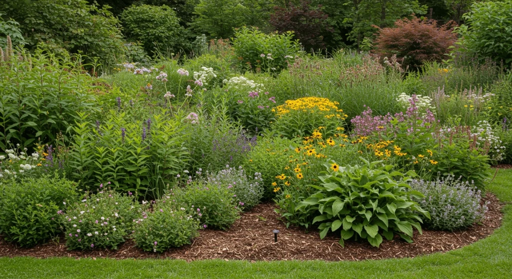 A flourishing garden with native plants, wildflowers, and shrubs, supporting a sustainable ecosystem.