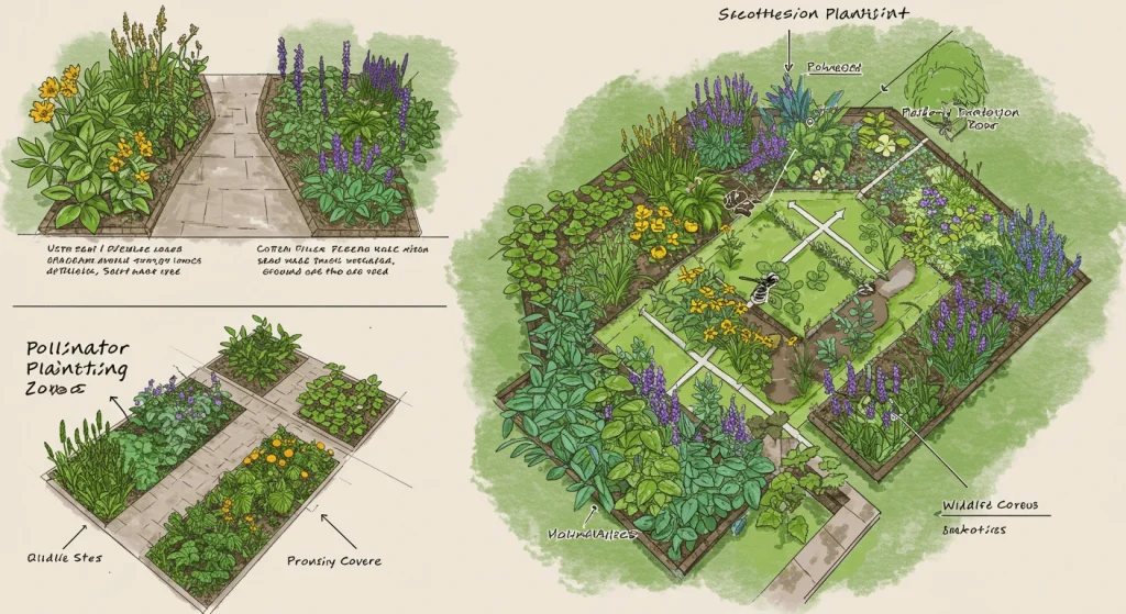 A garden design plan featuring plant zones, companion planting, and habitats for pollinators.