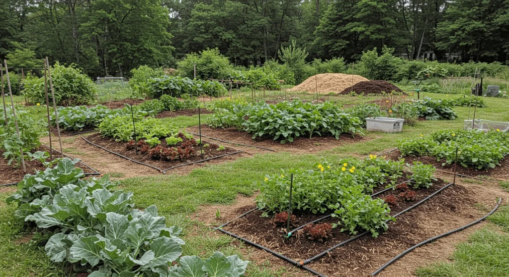 A sustainable garden using organic techniques like composting, mulch, and beneficial insects to maintain soil health.

