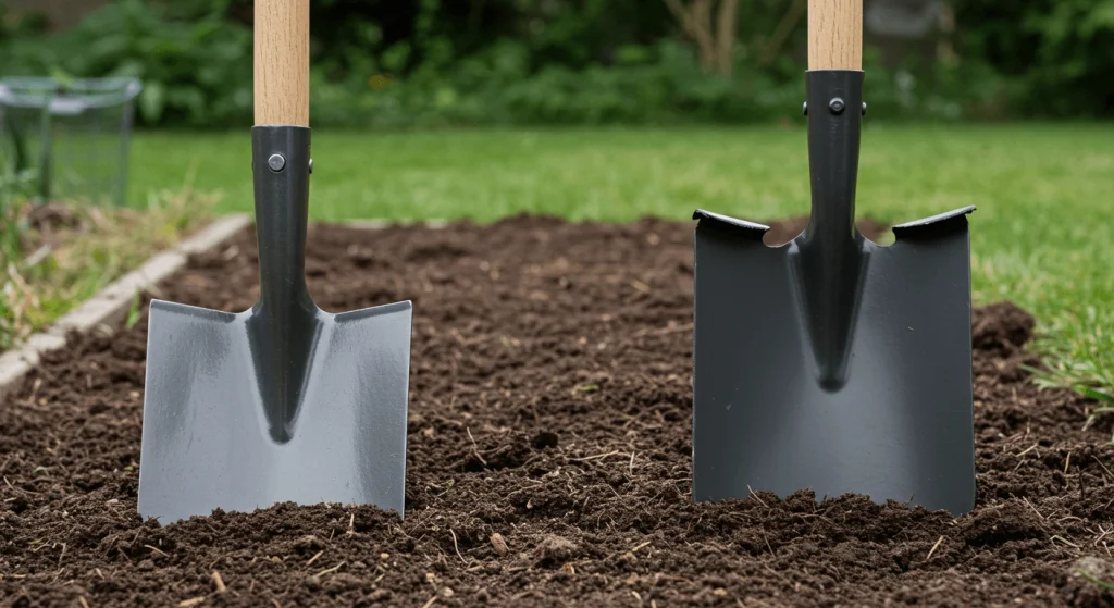 Spade vs shovel comparison showing differences in blade shape and handle design.