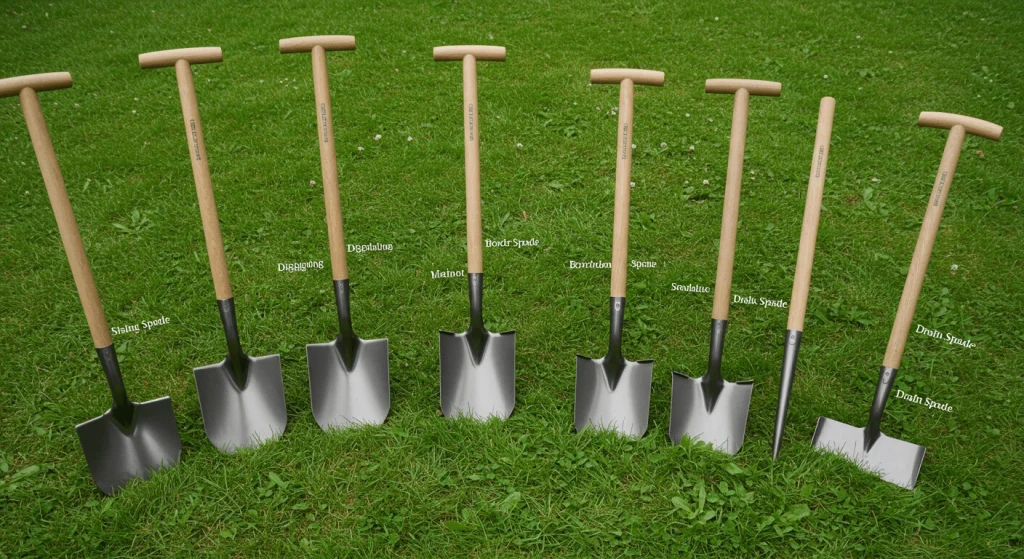 Different types of spades, including digging, border, and drain spades, displayed on grass.