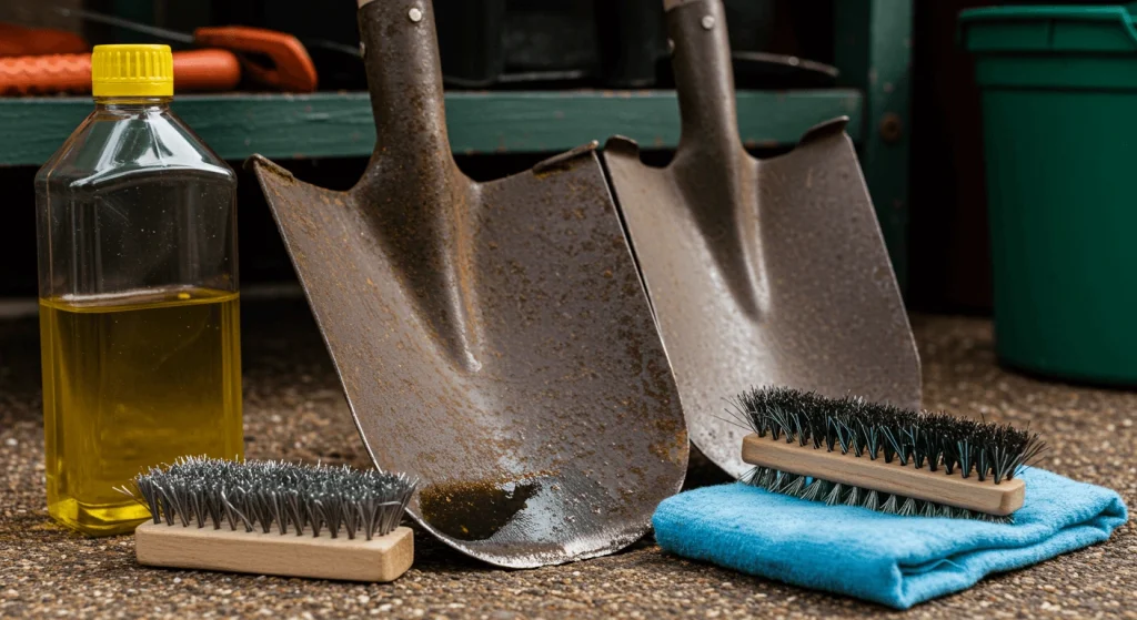 Properly maintained spade and shovel stored in a garden shed.