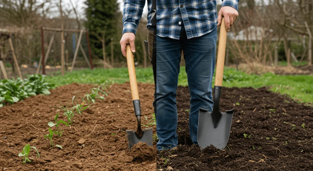 A gardener choosing between a spade and a shovel based on soil type and task.