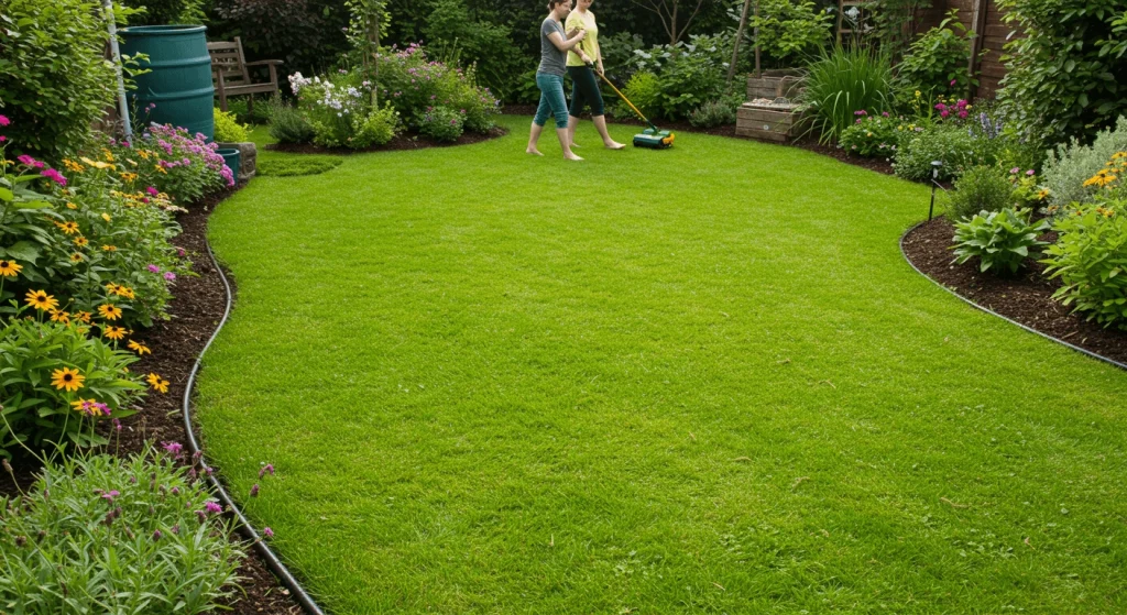 A vibrant green lawn with native plants and flowers, featuring eco-friendly tools like a mulching mower and rain barrel, symbolizing sustainable lawn care practices."