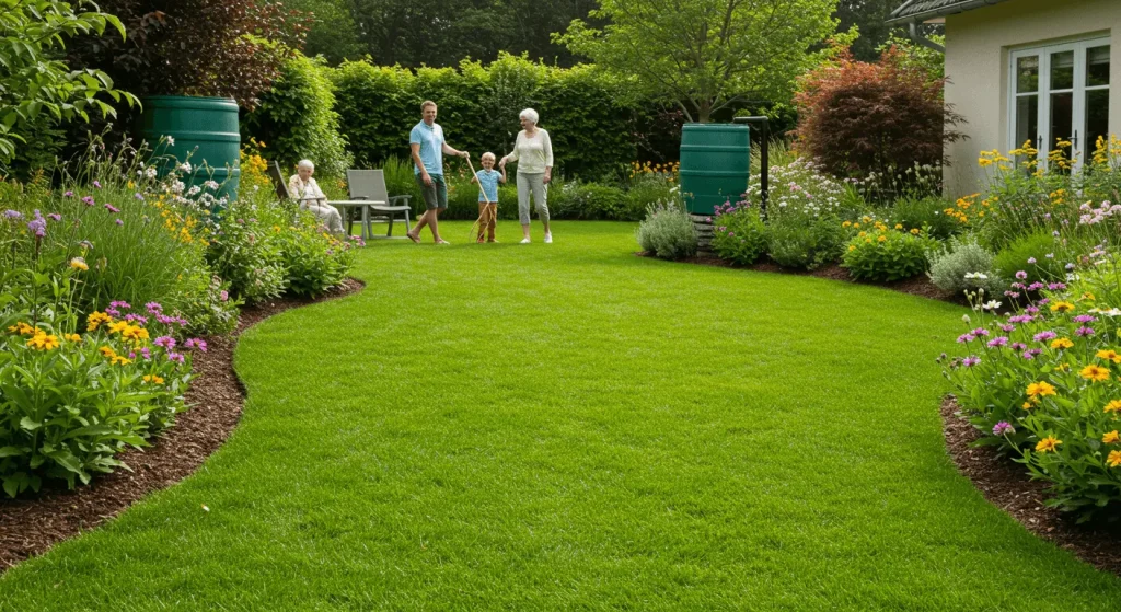 "Eco-friendly lawn care featuring native plants, a rain barrel, and a happy family enjoying their sustainable yard."

