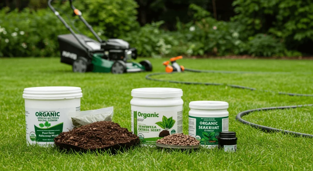 Essential steps for eco-friendly lawn care, including organic fertilizers, mulching mowers, and drip irrigation systems.
