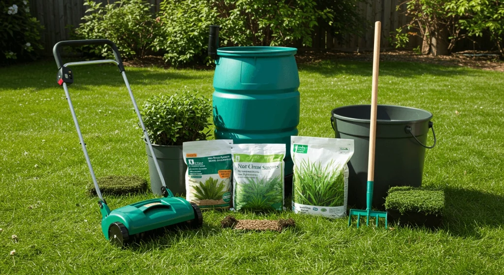 Tools and products for eco-friendly lawn care, such as a lawn aerator, rain barrel, and compost bin.