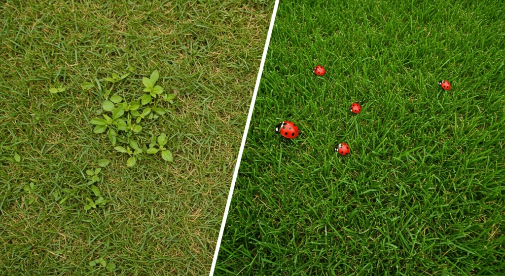 Common challenges in green lawn care, such as weeds and pests, solved with eco-friendly methods like beneficial insects and natural treatments.