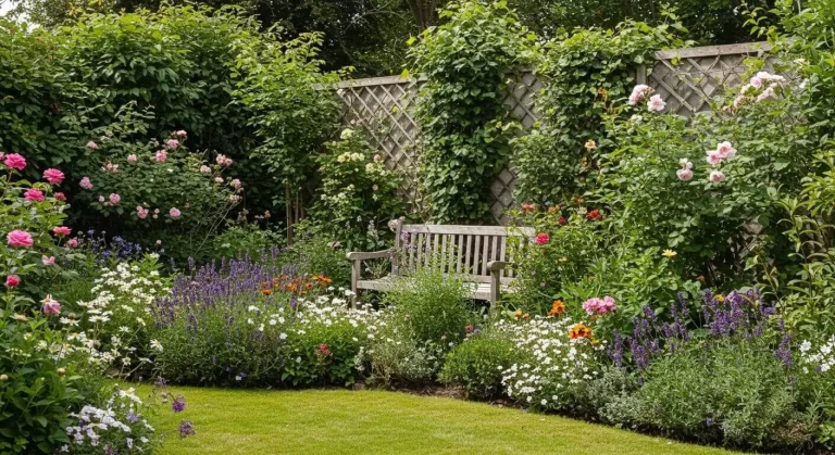 Stunning cottage garden in full bloom with roses, daisies, and lavender, creating a charming, rustic backyard space.