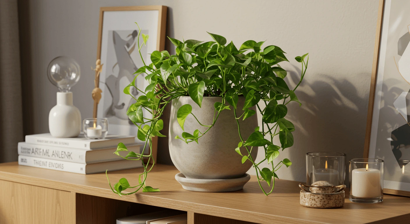 A vibrant money plant in a stylish ceramic pot, adding a touch of greenery to a modern home office.