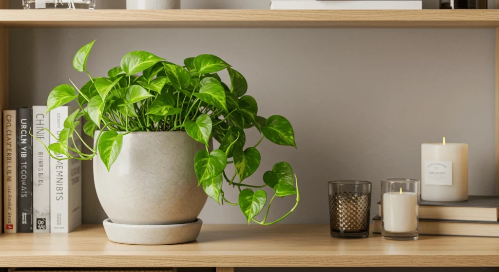 A potted money plant placed on a wooden shelf in a modern living room.