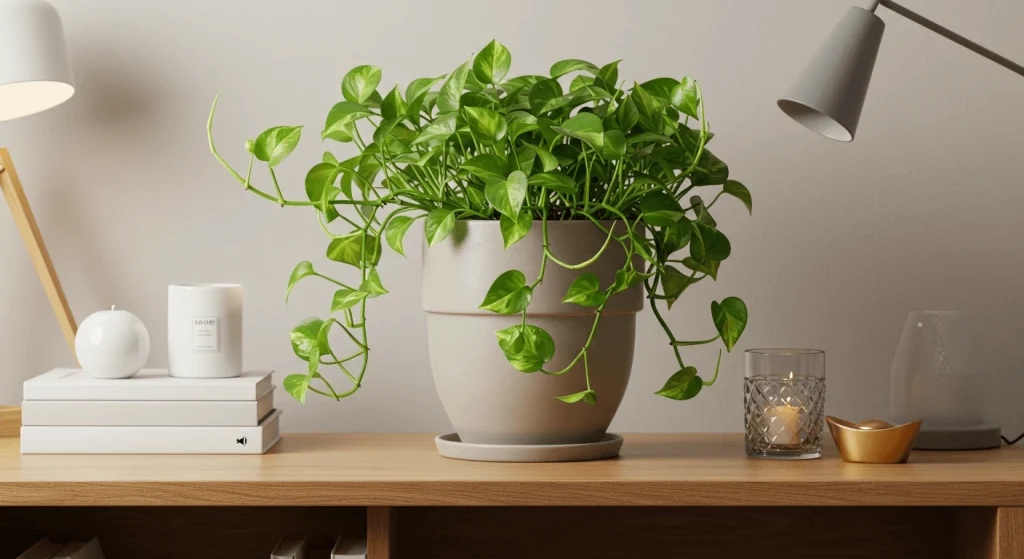 A money plant cutting with roots placed in a glass jar for propagation