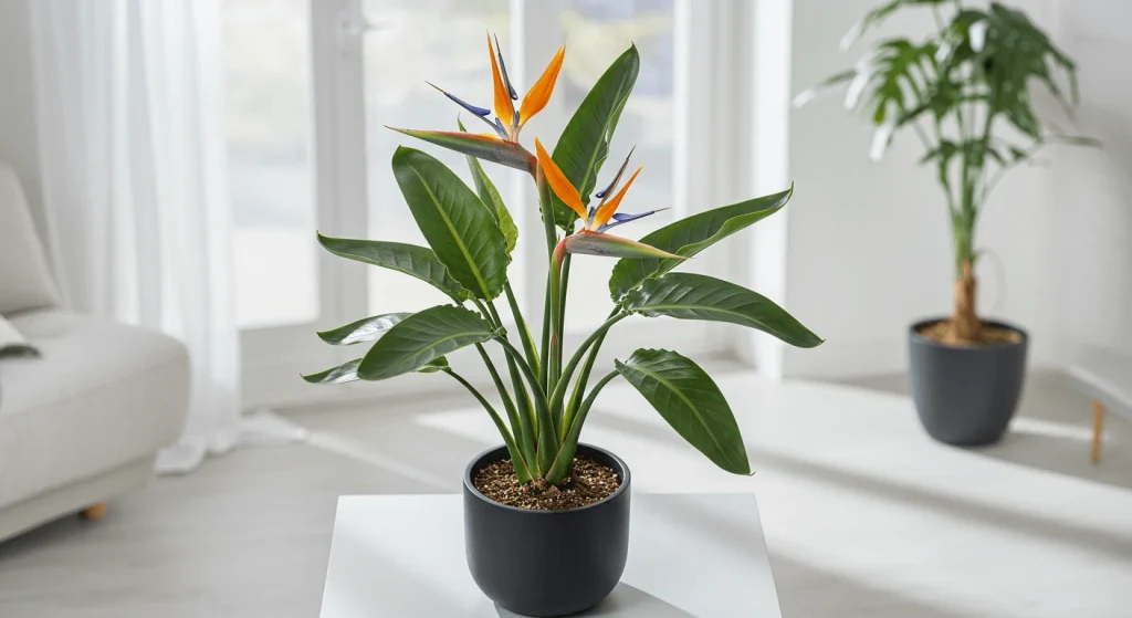 Close-up of a vibrant Bird of Paradise plant with orange and blue flowers, surrounded by lush green leaves, thriving in a well-lit indoor setting.