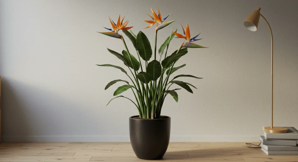 A vibrant orange and blue Bird of Paradise flower blooming in a tropical garden.