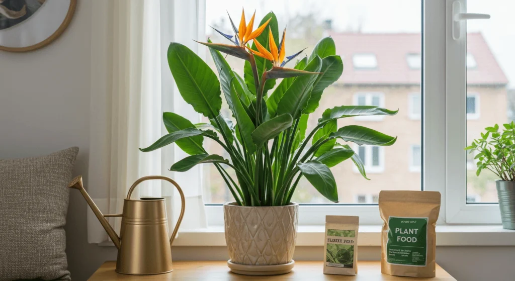 A vibrant Bird of Paradise plant in a pot placed near a window with bright, indirect sunlight.