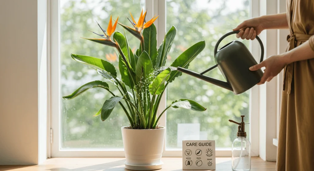 Watering a Bird of Paradise plant with a watering can, ensuring the soil is evenly moist.