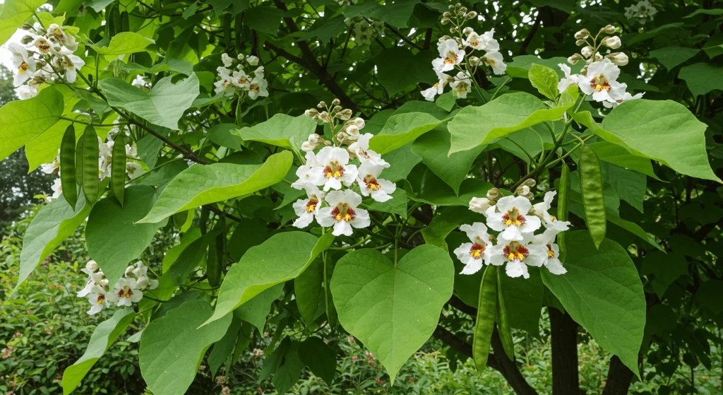 A close-up view of catalpa tree flowers with trumpet-shaped petals and purple and yellow markings.