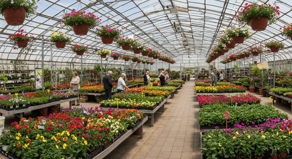 A vibrant plant nursery with rows of healthy green plants, colorful flowers, and a gardener assisting a customer with plant selection.