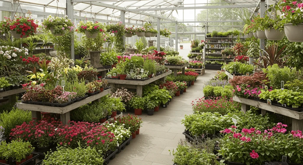 A colorful selection of seasonal flowers in bloom, displayed in pots at a nursery.