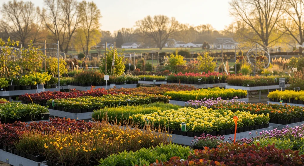 Compost bins and organic soil bags displayed at a plant nursery, promoting sustainability.