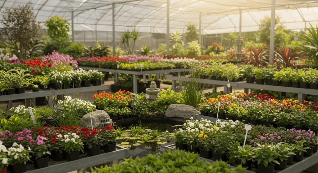 A variety of native plants on display in a plant nursery, labeled with informational signs.