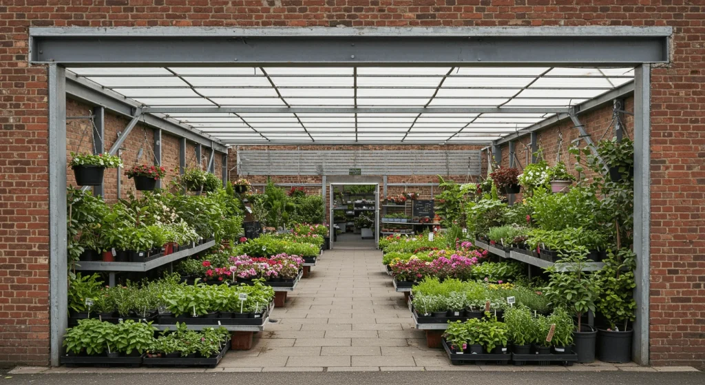  A friendly nursery staff member assisting a customer with plant selection at an outdoor garden center.