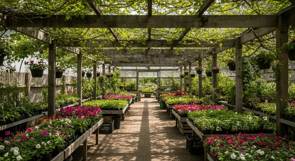 Rows of vibrant green plants in a plant nursery, neatly arranged in pots on wooden shelves.