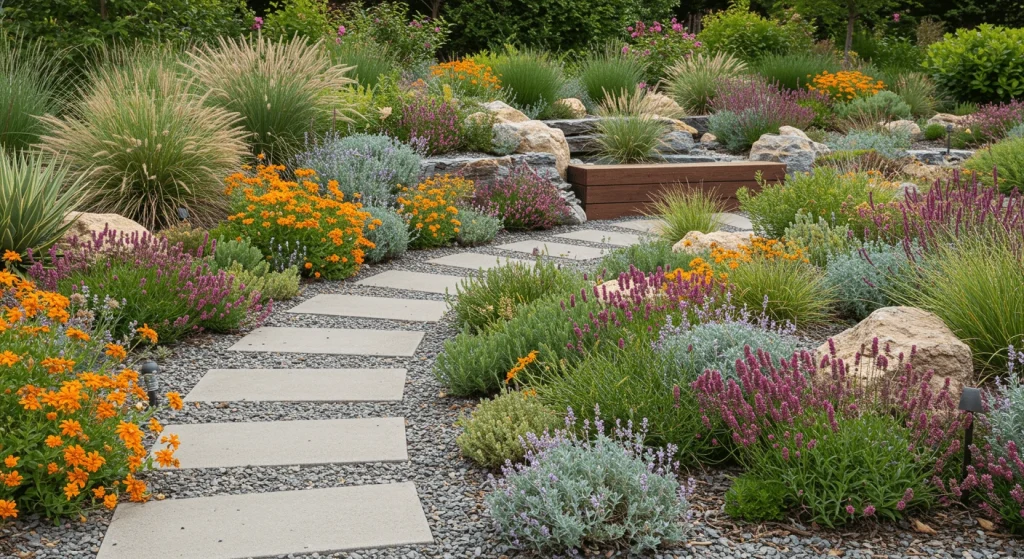 Pathway surrounded by vibrant flowers, ornamental grasses, and stones.