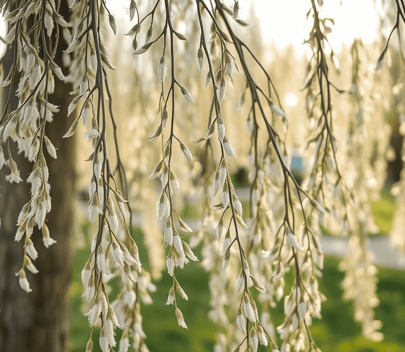 Close-up of a weeping pussy willow tree with cascading branches and silvery catkins in spring, set against a blurred garden background.