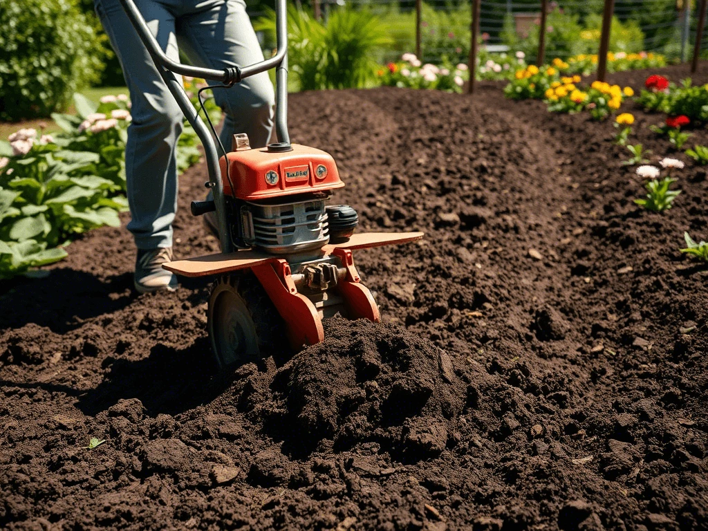 Person tilling dark, nutrient-rich soil with a rototiller in a sunny garden, surrounded by prepared garden beds and green plants