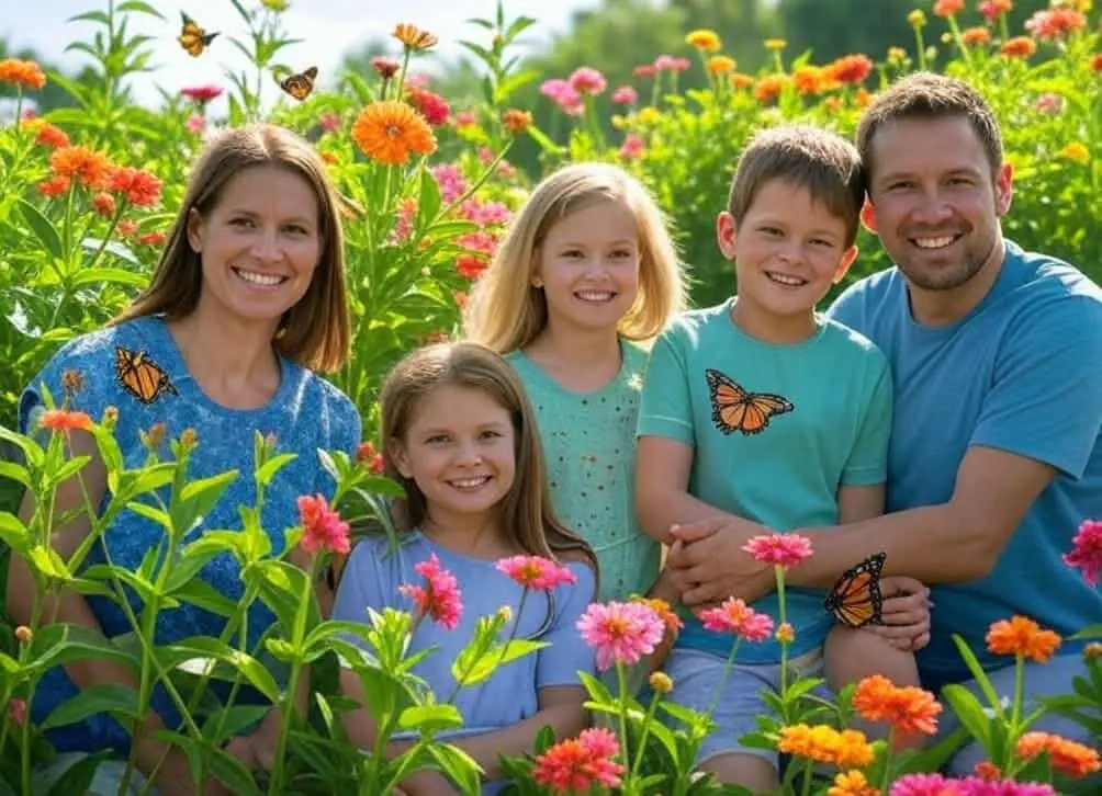 A family enjoys watching butterflies in a vibrant garden filled with blooming flowers.