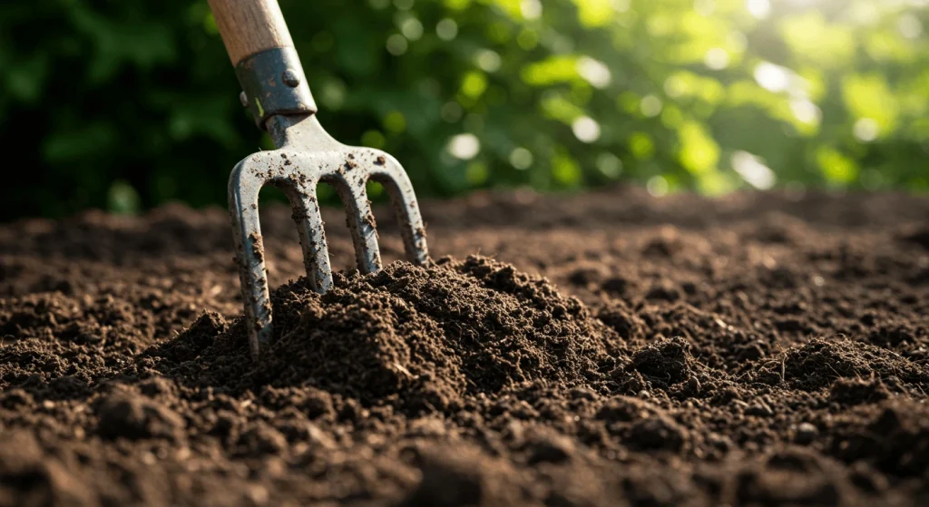 Close-up of tilled soil with loose texture, demonstrating improved drainage and aeration for healthy plant growth.