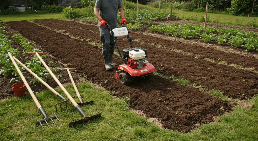 Gardener using a rototiller on a large garden bed, with hand tools like a garden fork and hoe nearby.