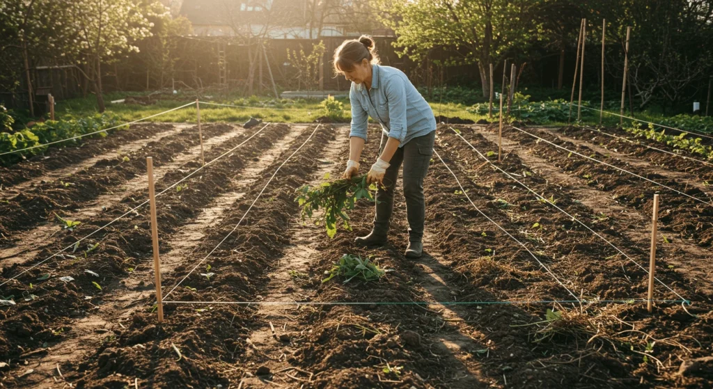 Gardener clearing debris and marking rows before tilling soil in a sunny garden.