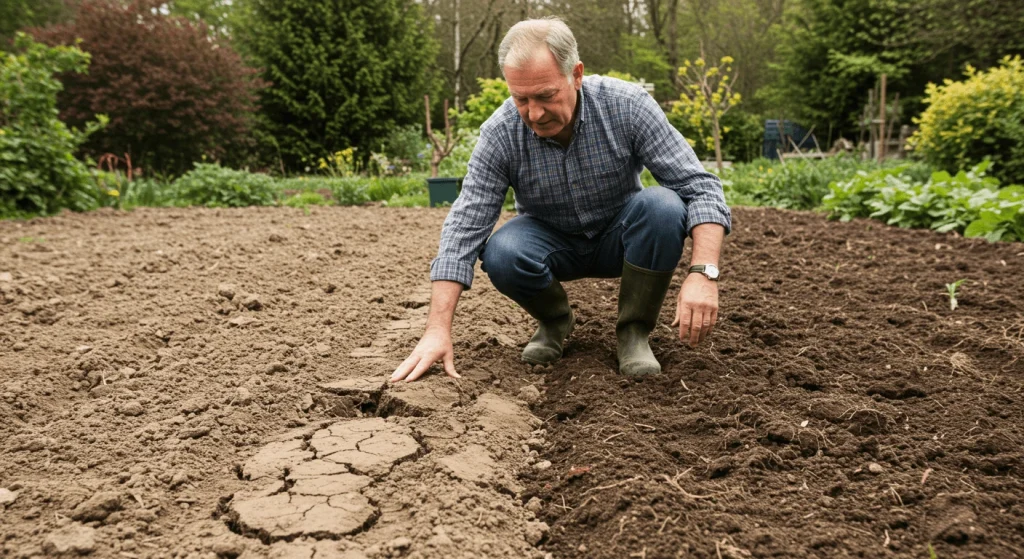 Compacted soil with cracks and dry patches, illustrating the risks of over-tilling and improper soil care.