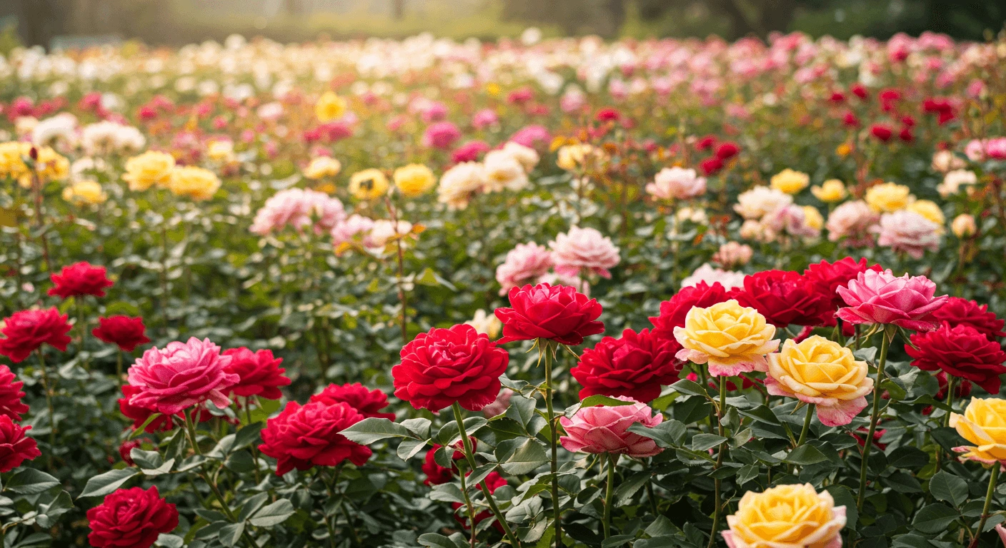 A colorful garden displaying various types of roses in full bloom, perfect for inspiration.