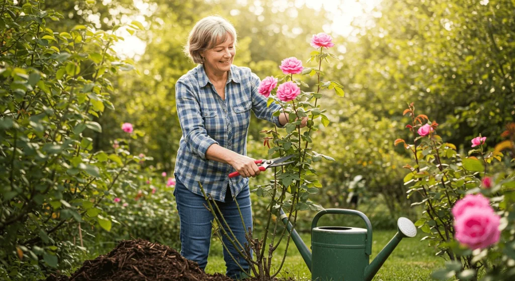 Gardener pruning a rose bush while preparing soil and mulch for healthy rose growth.