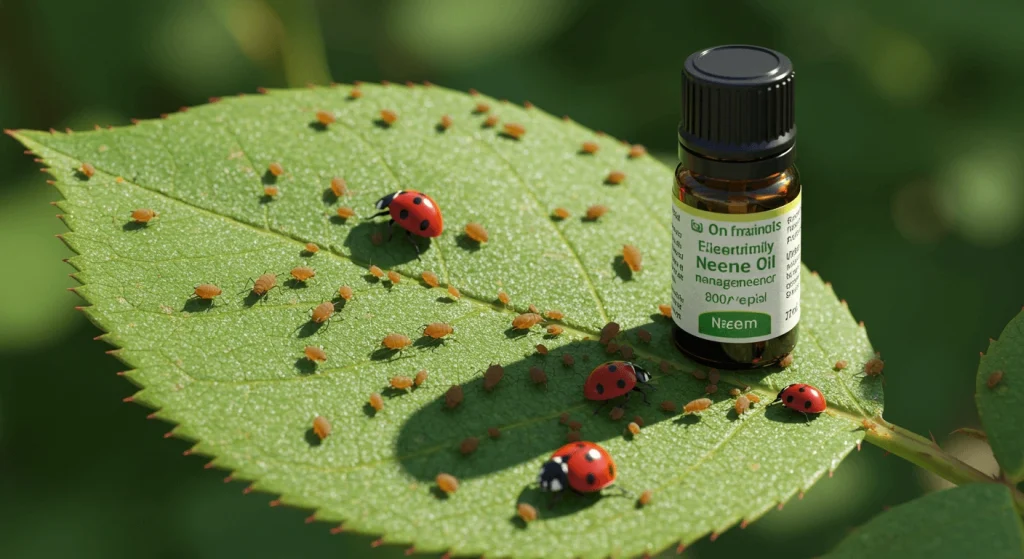 Aphids on a rose leaf with neem oil and ladybugs, illustrating organic pest control for roses.