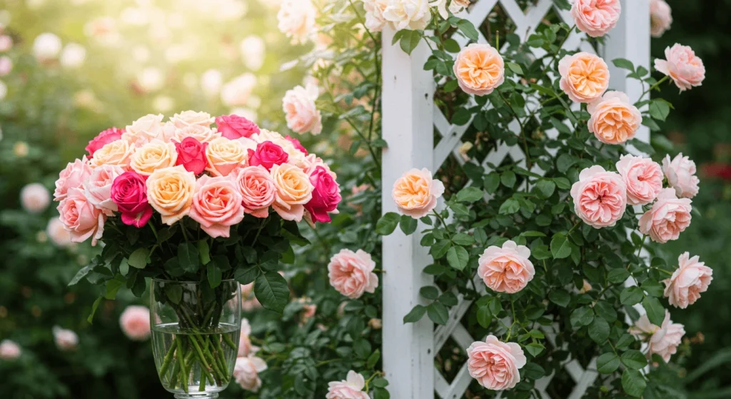 Hybrid Tea roses in a vase and Climbing Roses on a trellis, showing their uses for bouquets and gardens.