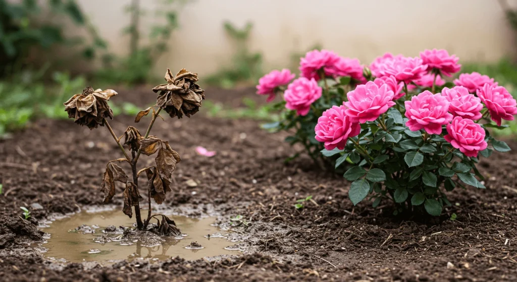 Wilting rose plant in waterlogged soil, illustrating the dangers of overwatering roses.