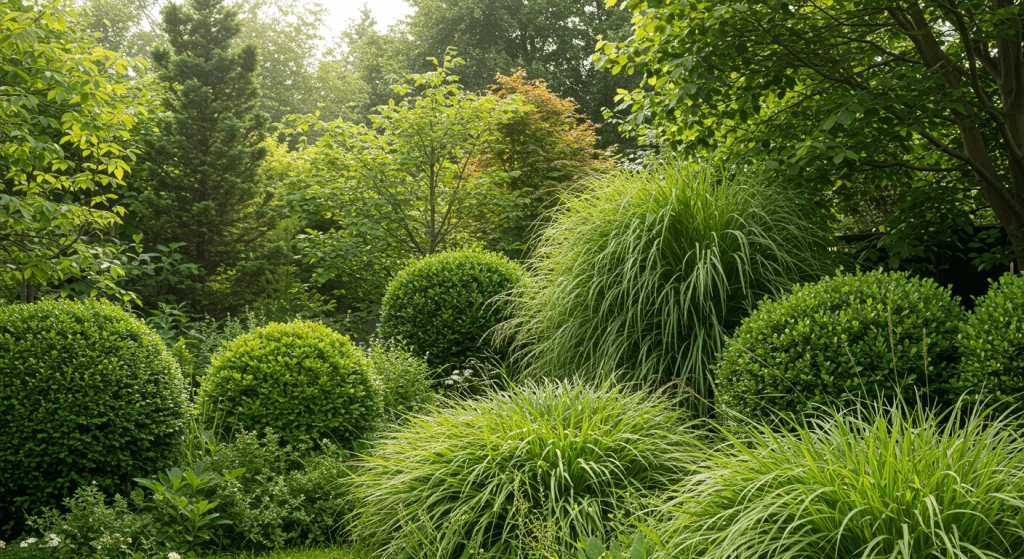 A lush green garden with layered greenery, including shrubs, trees, and ornamental grasses, perfect for greenery gardening inspiration.