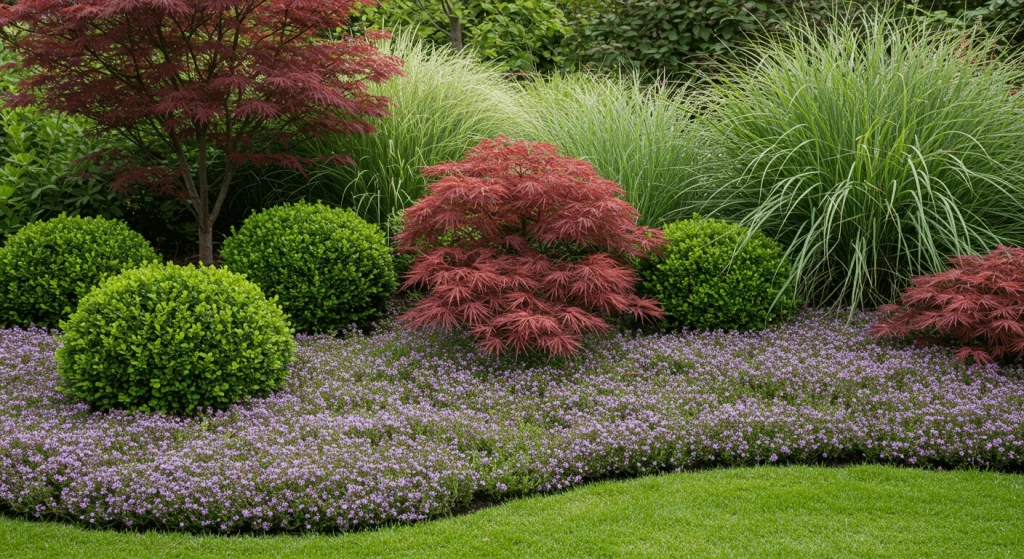 Diverse plants like shrubs, trees, and grasses ideal for greenery gardening