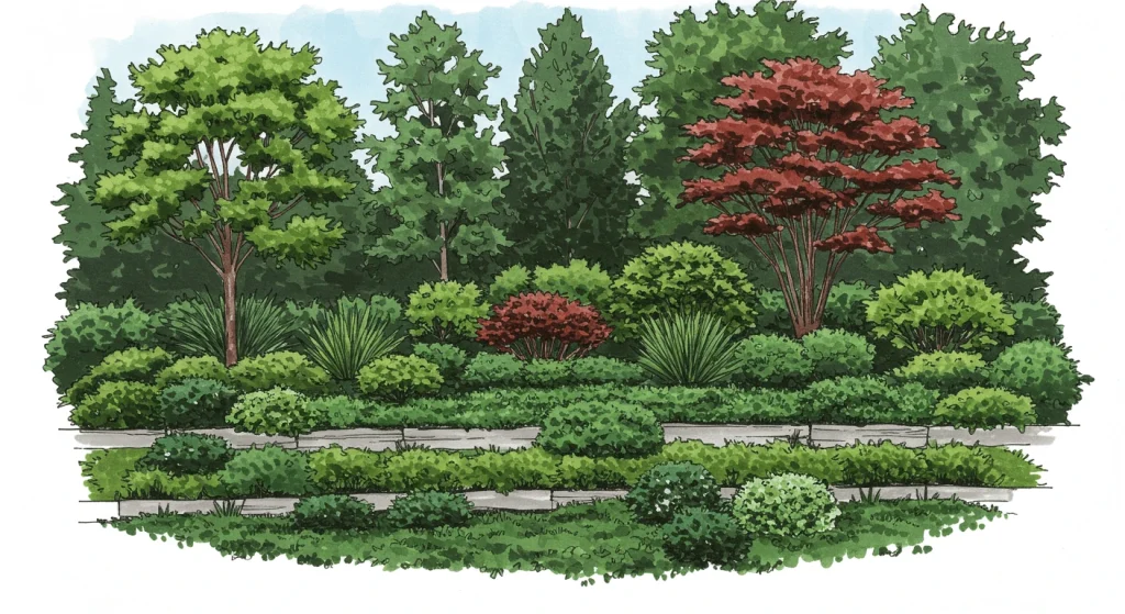 Layered landscaping with trees, shrubs, and groundcovers for a stunning green space.