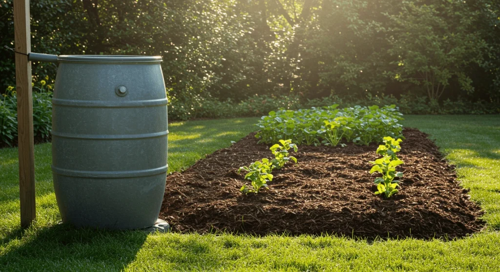 Rain barrel and mulched garden bed showcasing sustainable greenery gardening practices.