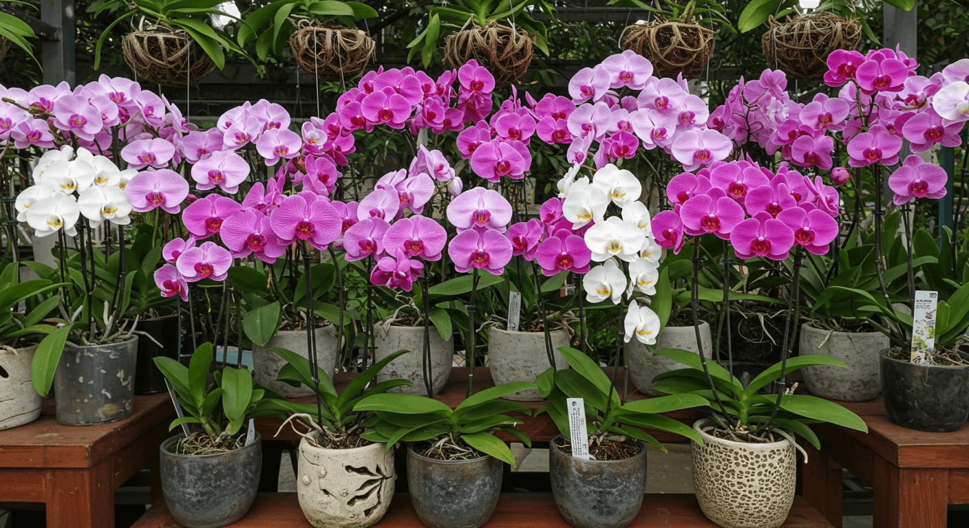 A stunning orchid garden featuring vibrant Phalaenopsis and Cattleya orchids in decorative pots and hanging planters.