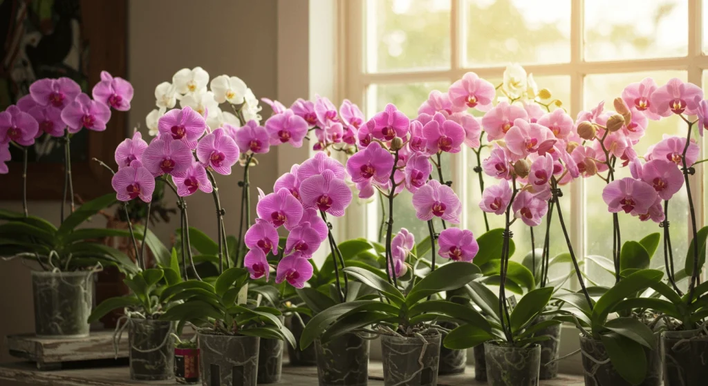 Stunning orchid garden showcasing Phalaenopsis and Cattleya orchids in decorative pots.