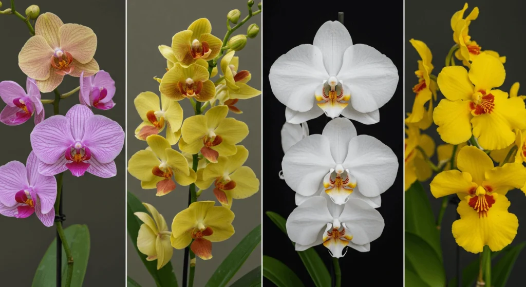 Close-up of beginner-friendly orchids like Phalaenopsis, Cattleya, Dendrobium, and Oncidium.