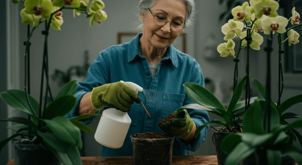 Gardener caring for orchids by misting leaves and checking soil moisture.